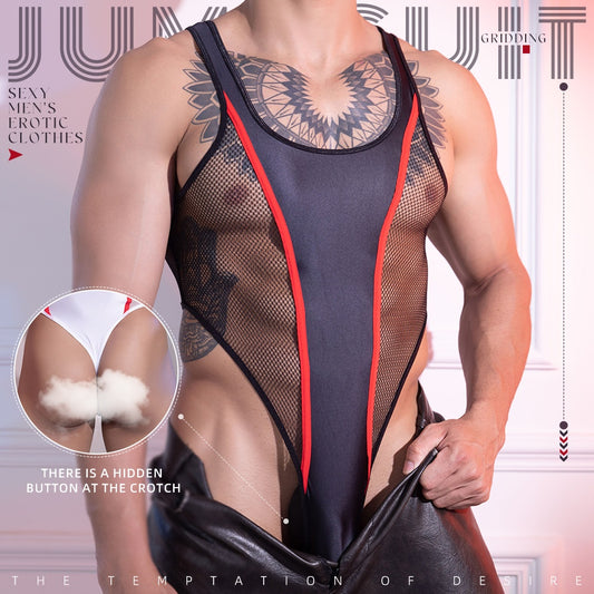Body de Malla Transparente para Hombre con Acabado Brillante y Elástico