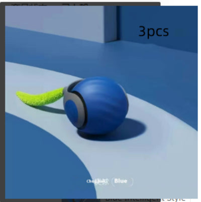 Blue and grey pet toy ball with a green textured tail for cats, shown on a blue background. - Image 18