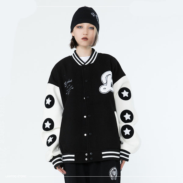 Chaqueta Beisbolera Holgada para Hombre con Bordado Flocking Hamburguesa