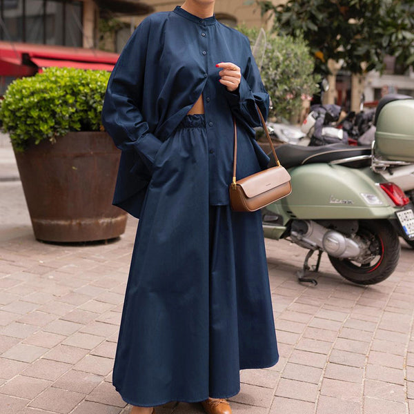 Conjunto de Dos Piezas: Camisa Suelta con Cuello Mao y Pantalón Ancho