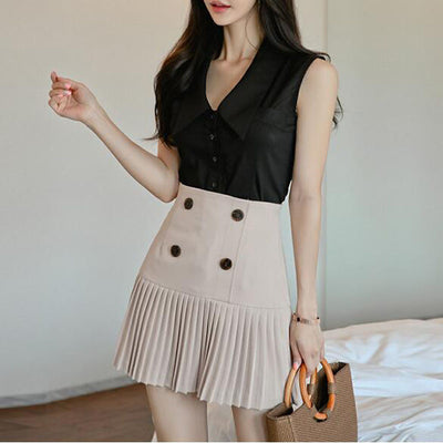 Conjunto Dos Piezas: Blusa Escote V sin Mangas + Falda Plisada Cintura Alta - Image 14