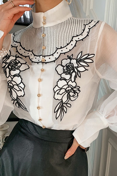 Blusa Elegante con Mangas Linterna y Flores Bordadas - Image 10