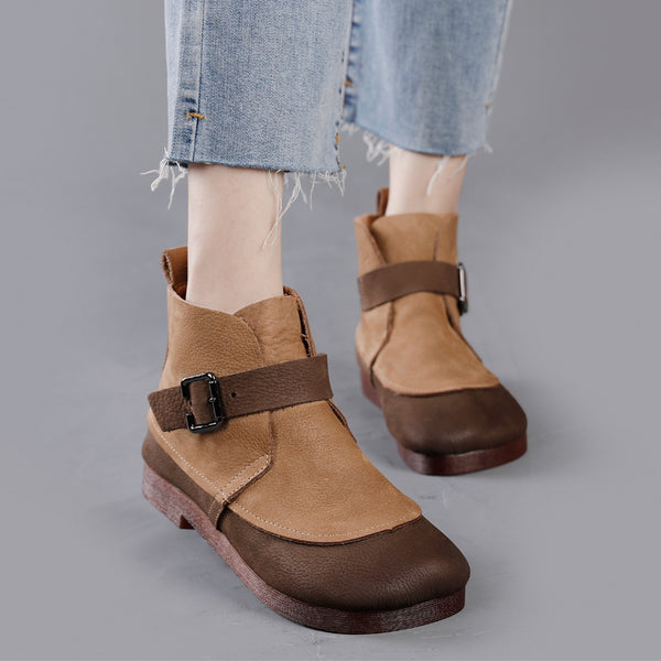 Botas de Cuero Genuino Estilo Étnico con Hebilla - Punta Redonda Planas Artesanales