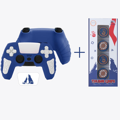Blue silicone controller cover with white accents and wolf graphic, paired with thumb grips featuring handprint and gear designs. - Image 6