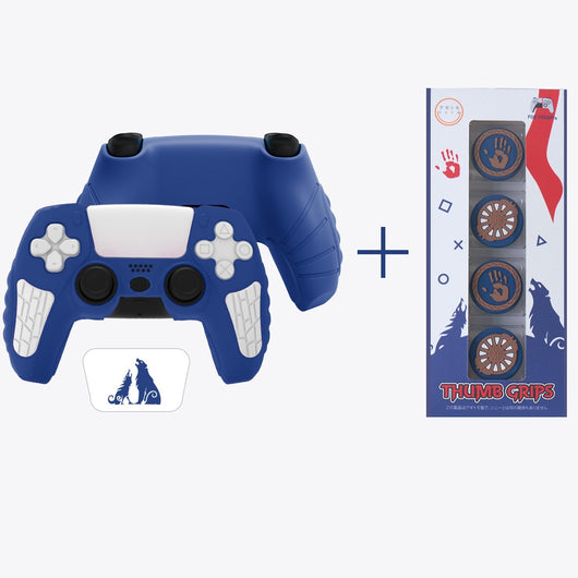 Blue silicone controller cover with white accents and wolf graphic, paired with thumb grips featuring handprint and gear designs. - Image 6