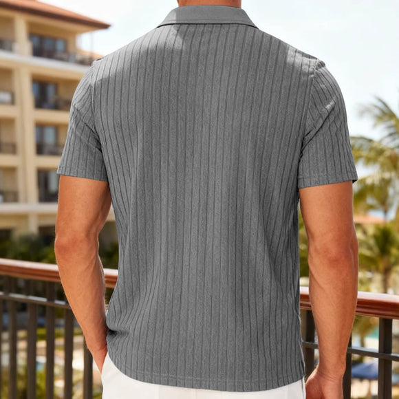 Camisa Casual Masculina de Manga Curta com Textura Listrada Jacquard