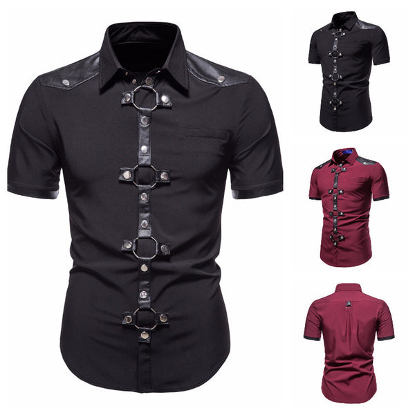 Camisa Gótica de Piel con Remaches y Parches para Hombre - Estilo Europeo Moderno