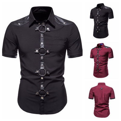 Camisa Gótica de Piel con Remaches y Parches para Hombre - Estilo Europeo Moderno