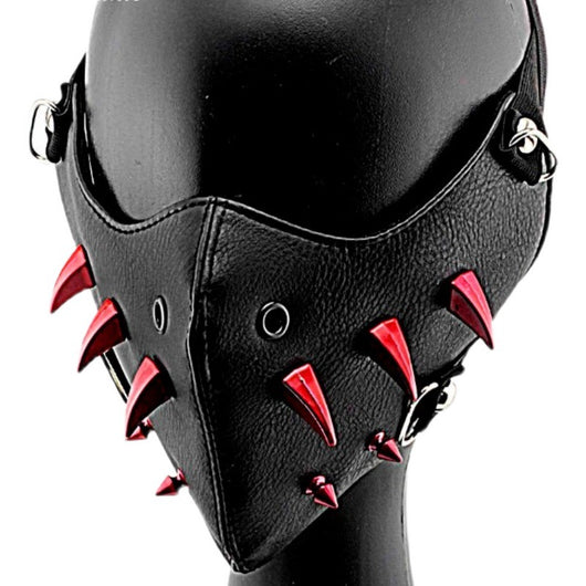 Black leather half-face mask with brass chains, spikes, and gear accents, featuring adjustable elastic straps. - Image 5