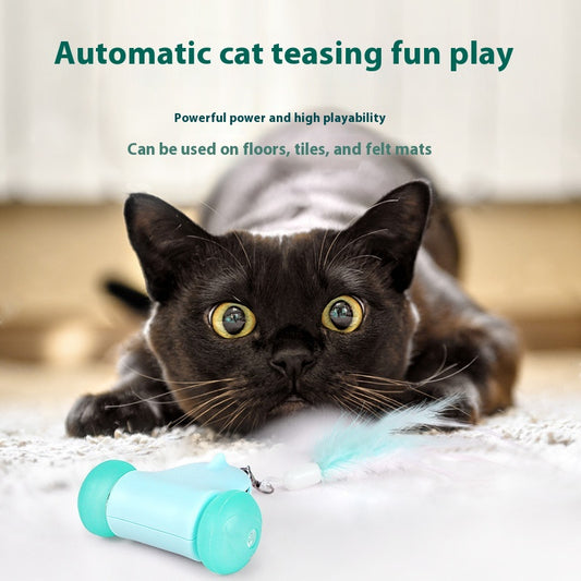 Blue smart cat toy with teal wheels and an attached light blue feather wand, plus a butterfly attachment with bell. - Image 2