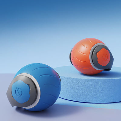 Blue interactive cat toy ball with a lime green tail and a power button, designed for indoor cats. - Image 8