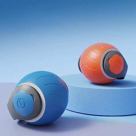 Blue interactive cat toy ball with a lime green tail and a power button, designed for indoor cats. - Image 8