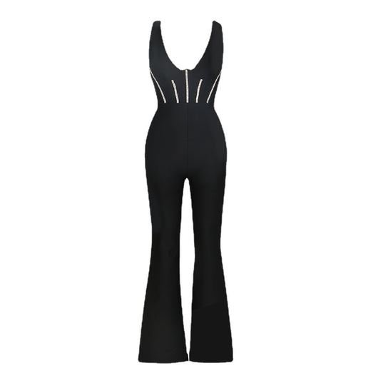 Jumpsuit Bandage Escotado con Espalda Descubierta y Diamantes - Image 2