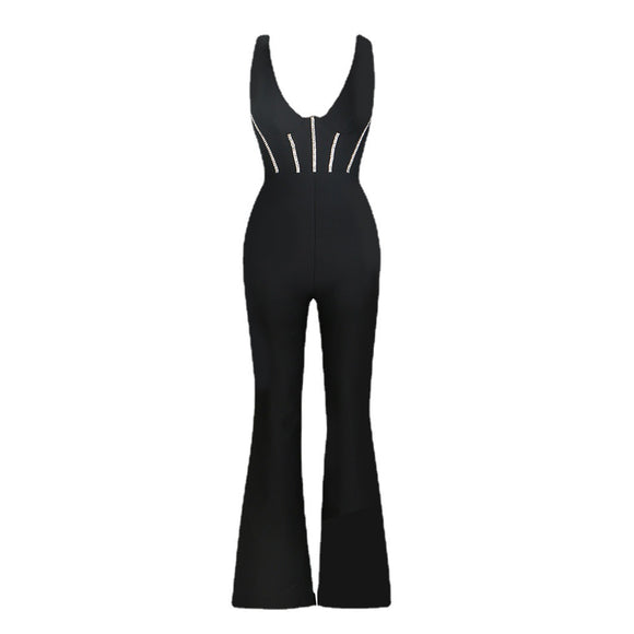Jumpsuit Bandage Escotado con Espalda Descubierta y Diamantes