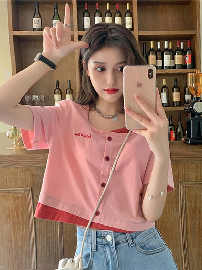 Blusa Dulce de Escote Cuadrado y Manga Corta Falsa de Dos Piezas - Image 2