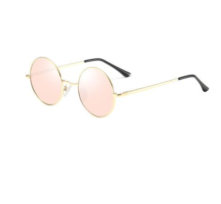 Round vintage sunglasses with gold metal frames and dark black lenses, shown at an angle on a white background. - Image 6