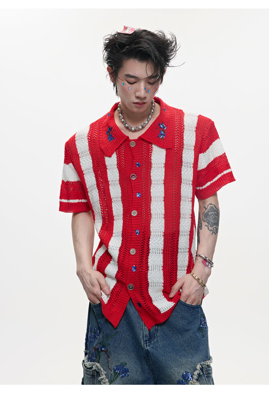 Camisa Retro de Punto Patchwork a Rayas para Hombre - Image 12