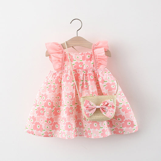 Vestido para Niña con Mangas Volantes + Bolsa Canasta de Bambú