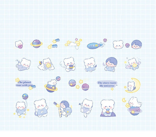 Waxy Ji Blue Mian Series cartoon stickers featuring cute bears and a boy in space with planets, stars, and rockets. - Image 9