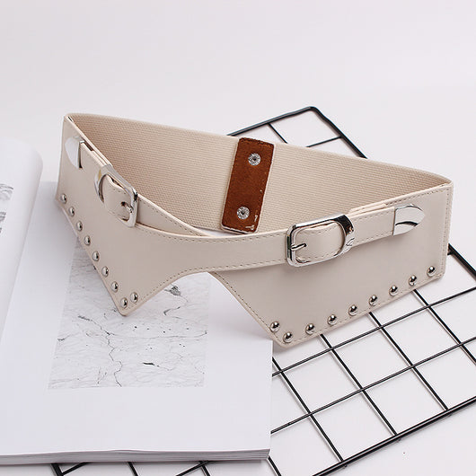 Camel elastic wide belt with silver-toned buckles and rivets, featuring a V-shaped faux leather front. - Image 4