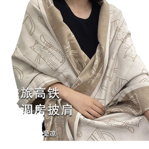 Bufanda de Cashmere con Jacquard de Gato - Versátil y Adorable para Invierno