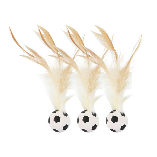 Three cat toys with pink balls and natural beige feathers, displayed on clear stands against a white background. - Image 9