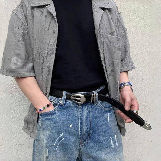 Cinturón de Denim con Hebilla Retro Plateada Tipo Bala