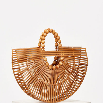 Bolsa Playera Semicircular de Rafia Tejida con Cuentas de Madera - Image 4