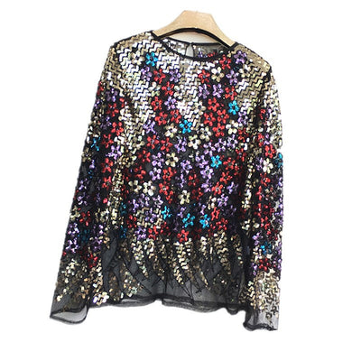 Blusa Larga de Encaje con Flores y Lentejuelas Brillantes - Image 7