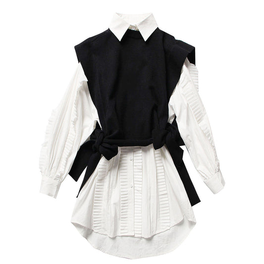 Conjunto de Dos Piezas: Chaleco de Encaje y Vestido Camisero Blanco