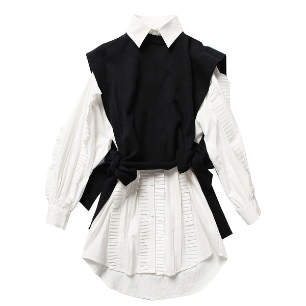 Conjunto de Dos Piezas: Chaleco de Encaje y Vestido Camisero Blanco