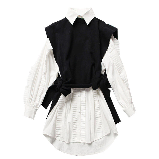 Conjunto de Dos Piezas: Chaleco de Encaje y Vestido Camisero Blanco