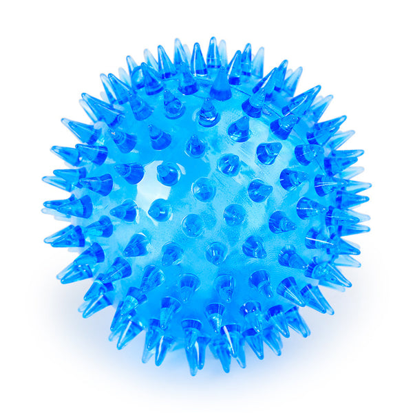 Six colorful translucent spiky rubber pet balls in pink, green, yellow, red, rose red, and blue.
