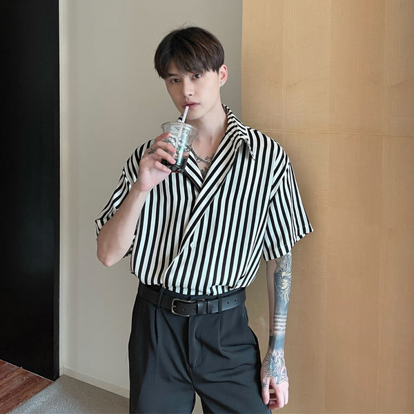 Camisa Casual con Cuello Solapa y Rayas Diagonales