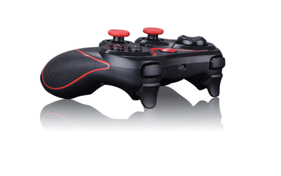 Black wireless Bluetooth gamepad with red accents, featuring a D-pad, analog sticks, and face buttons, shown with a detachable black smartphone clip. - Image 8