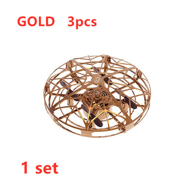 Gold mini UFO drone with a spherical protective cage and black propellers, sold as a 3-piece set. - Image 12