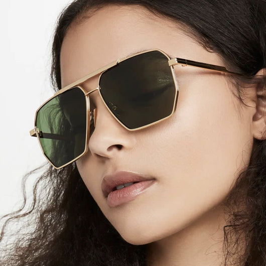 Gold frame double gray polygonal sunglasses with a double beam design and gradient lenses. - Image 3