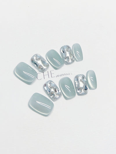 Uñas Postizas Personalizadas Ojo de Gato Cuadrado Azul Verano - Image 8