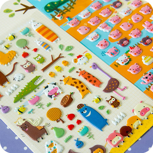 Sheet of colorful puffy alphabet stickers with cute cartoon animals, food, and objects for decoration. - Image 26