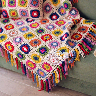 Manta de Ganchillo con Flores y Borlas - Mantel Artesanal para Jardín