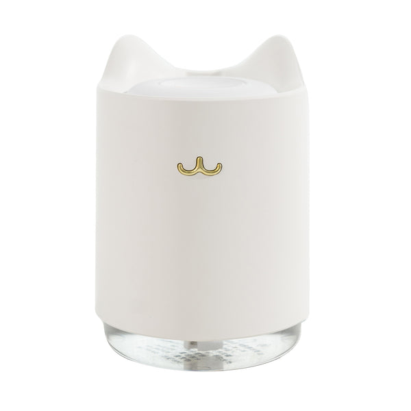 White mini USB humidifier with cat ears and a gold cat nose/mouth emblem, featuring a clear water tank base. - Image 4