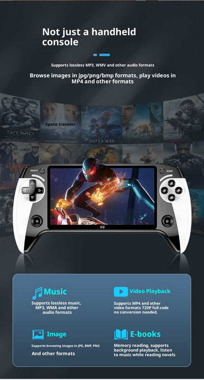 Black and white X9 portable handheld gaming console with a large screen displaying a racing game. - Image 10