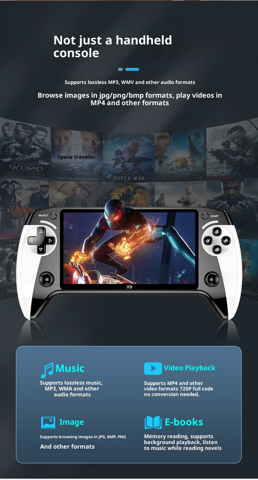 Black and white X9 portable handheld gaming console with a large screen displaying a racing game. - Image 10