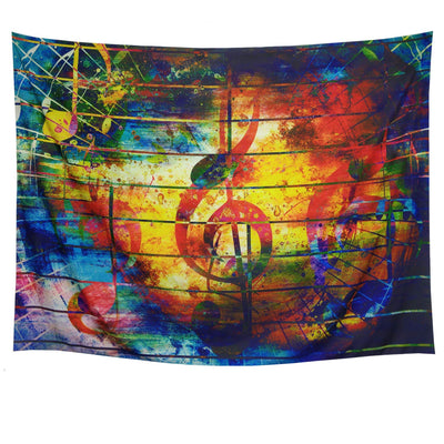 Vibrant abstract music tapestry with a large red treble clef and colorful musical notes on a grunge background.