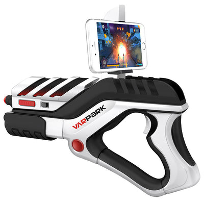 White and black AR somatosensory gamepad with a smartphone mounted, displaying an augmented reality game.