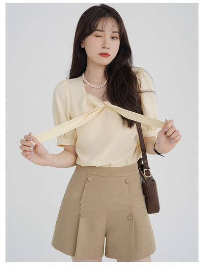 Blusa Elegante con Moño y Cuello Cuadrado Escote Descubierto