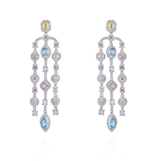 Aretes Largos de Cobre con Circonita Geométrica y Borla para Mujer - Image 2