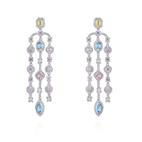 Aretes Largos de Cobre con Circonita Geométrica y Borla para Mujer