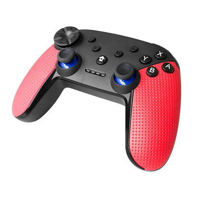 Black and red wireless Bluetooth gamepad with textured grips, dual analog sticks, D-pad, and face buttons.