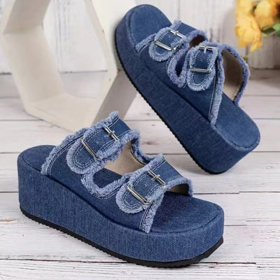 Sandalias Cuña Denim con Hebilla - Tacón Alto Camuflaje Verano para Mujer - Image 6